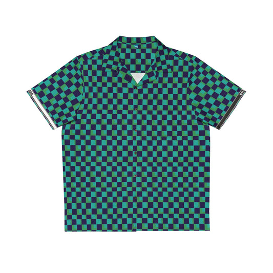 Checkered Hawaiian Shirt — Green & Navy Retro AOP Camp Shirt Printify bakabo.club