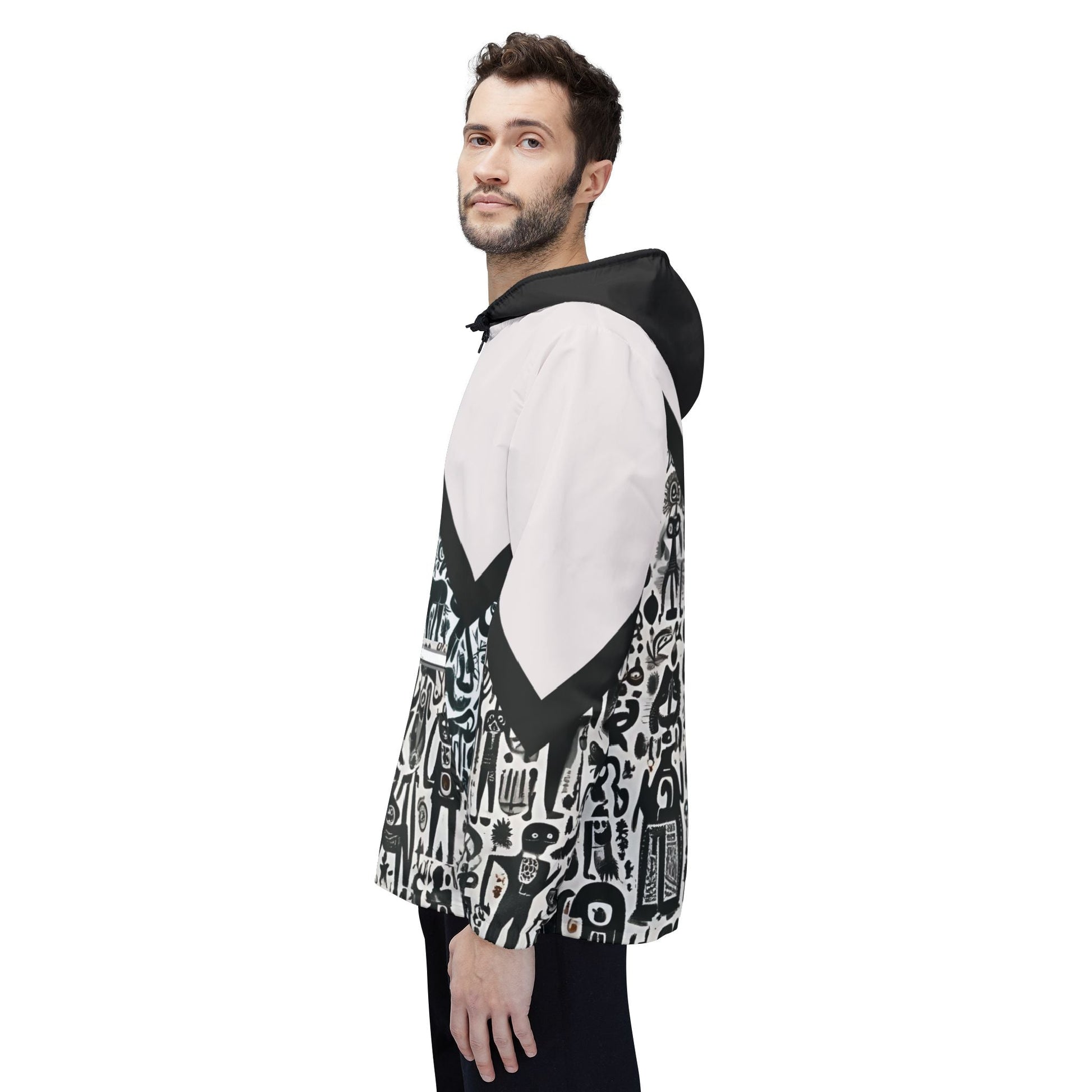 Monochrome Doodle Windbreaker Jacket – Abstract Tribal Pattern Printify bakabo.club