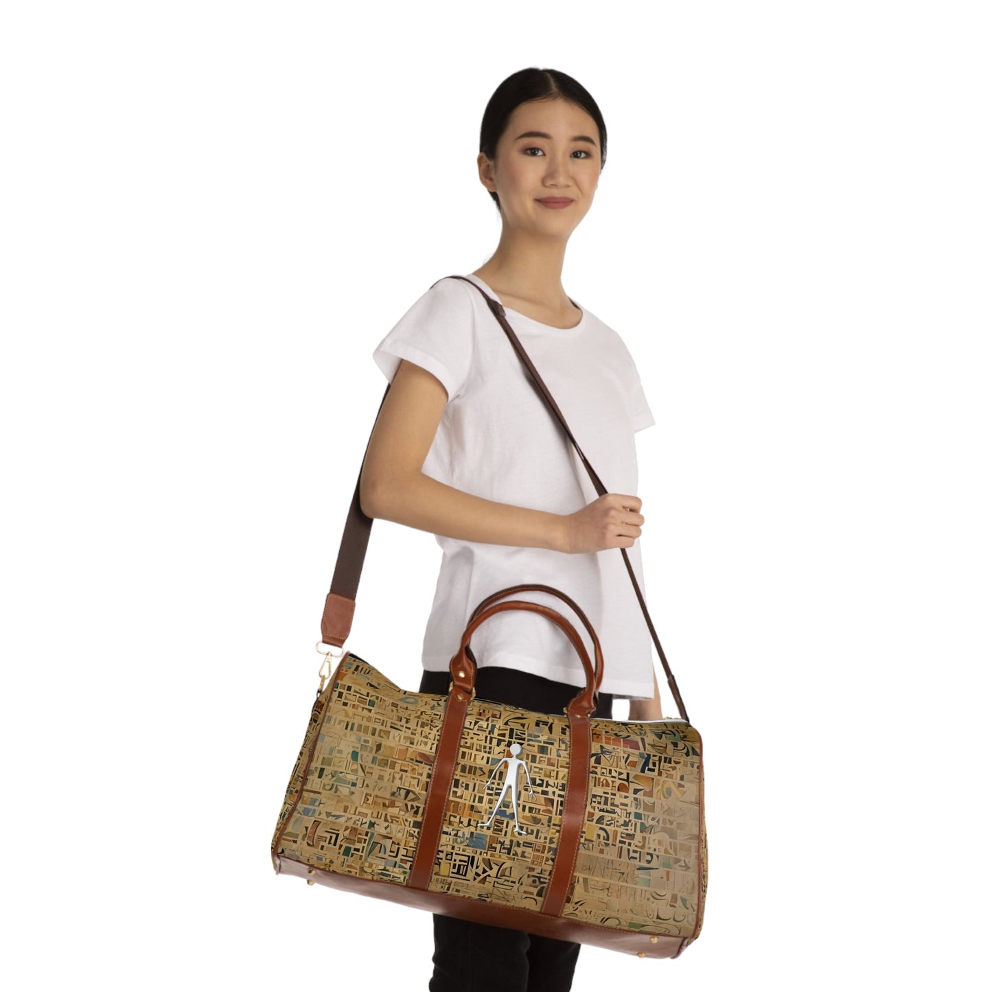 Waterproof Travel Duffel Bag — Abstract Mosaic Pattern with Stick Figure Printify bakabo.club