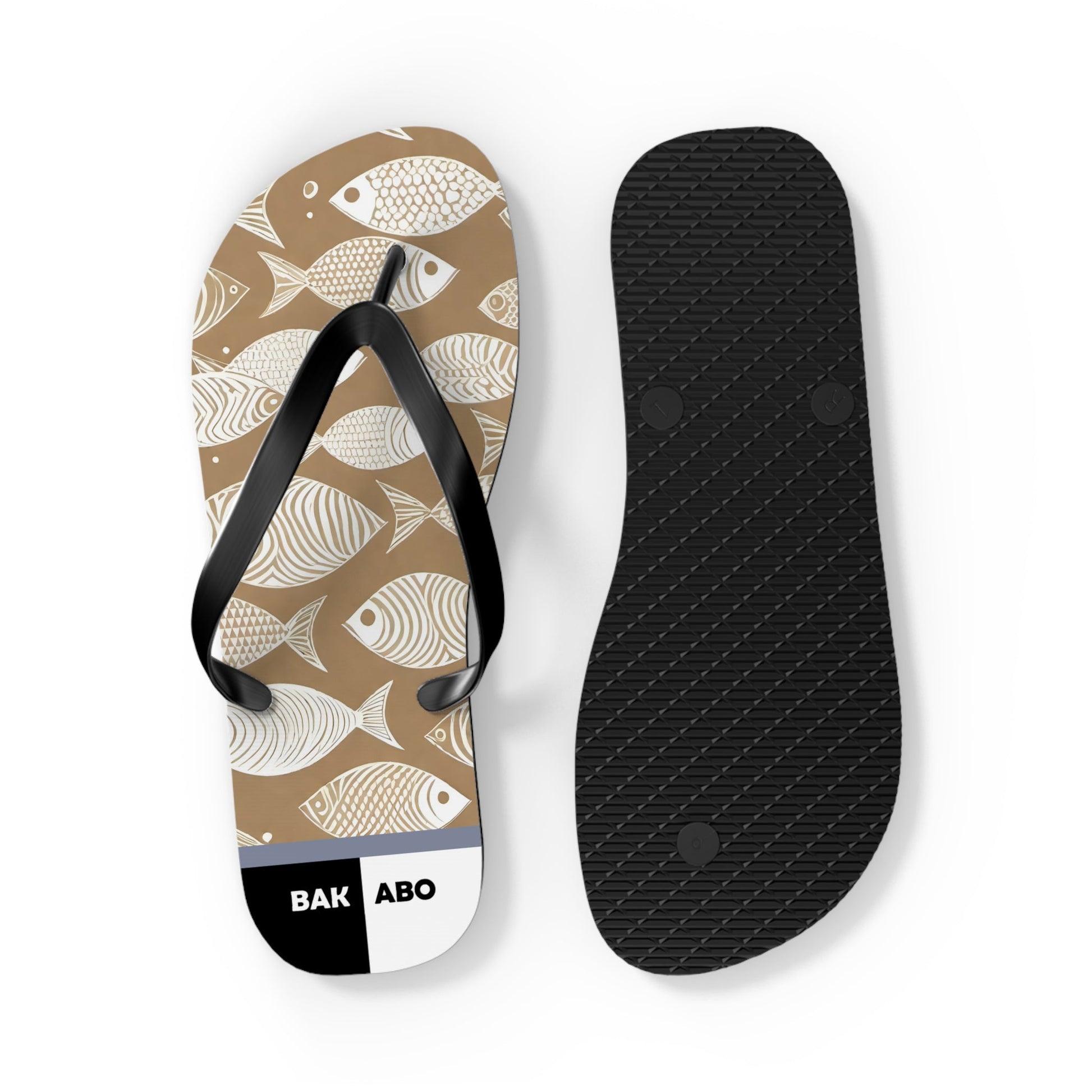 Beach Fish Pattern Flip Flops — Neutral Tan Nautical Sandals Printify bakabo.club