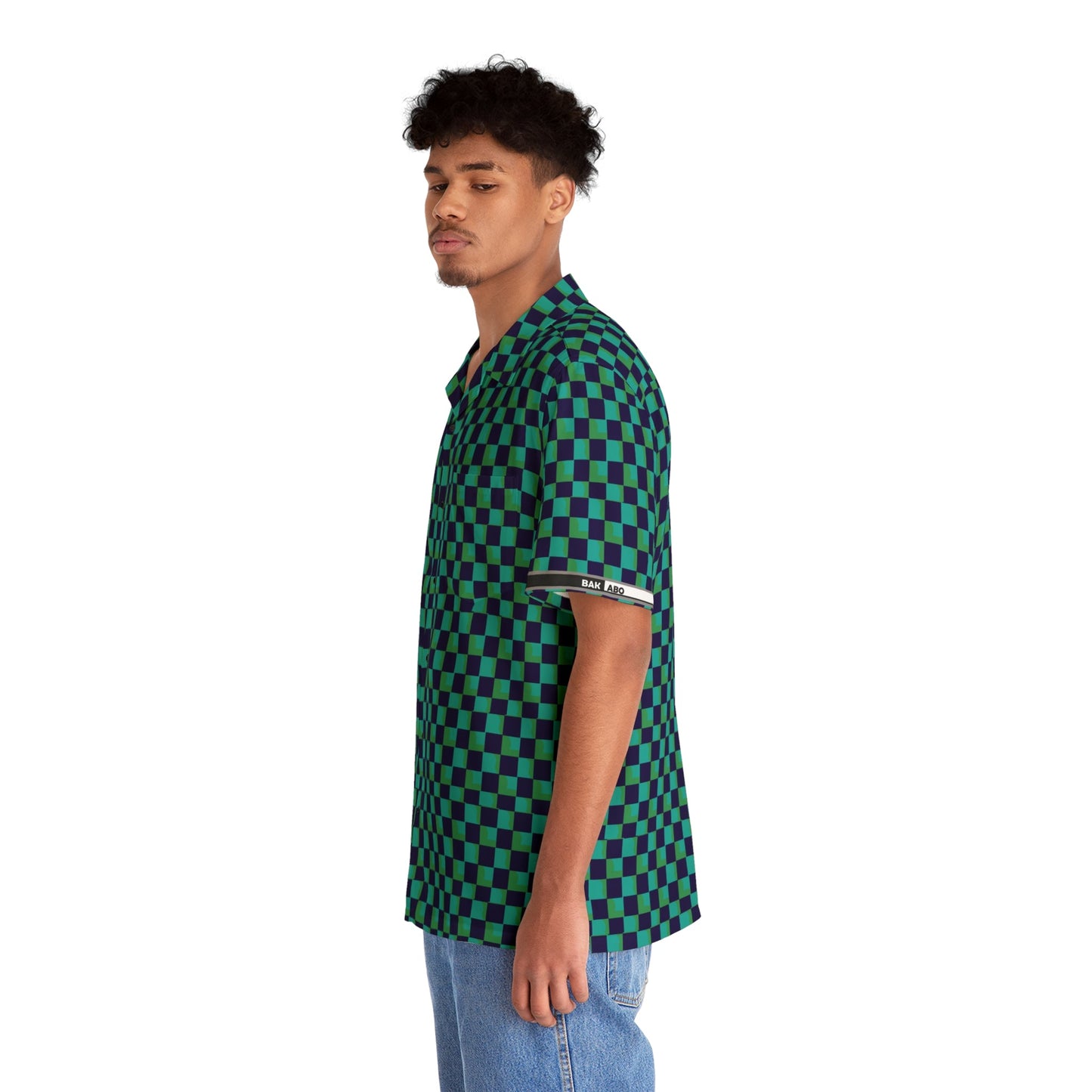 Checkered Hawaiian Shirt — Green & Navy Retro AOP Camp Shirt Printify bakabo.club