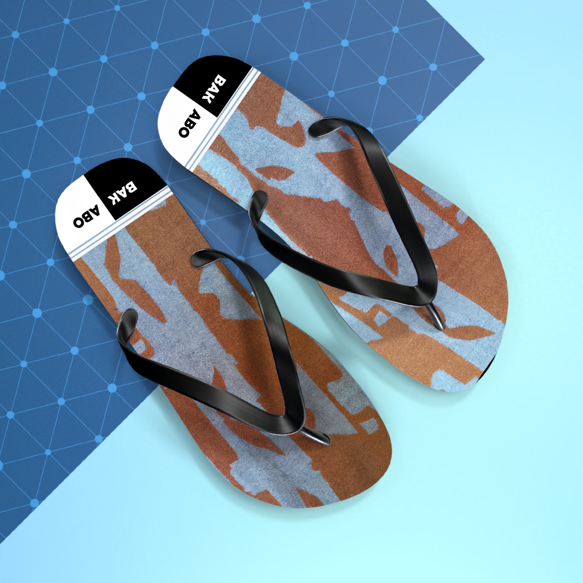 Camo Coastal Flip Flops — Blue & Brown Beach Sandals with 'BAK ABO' Accent Printify bakabo.club