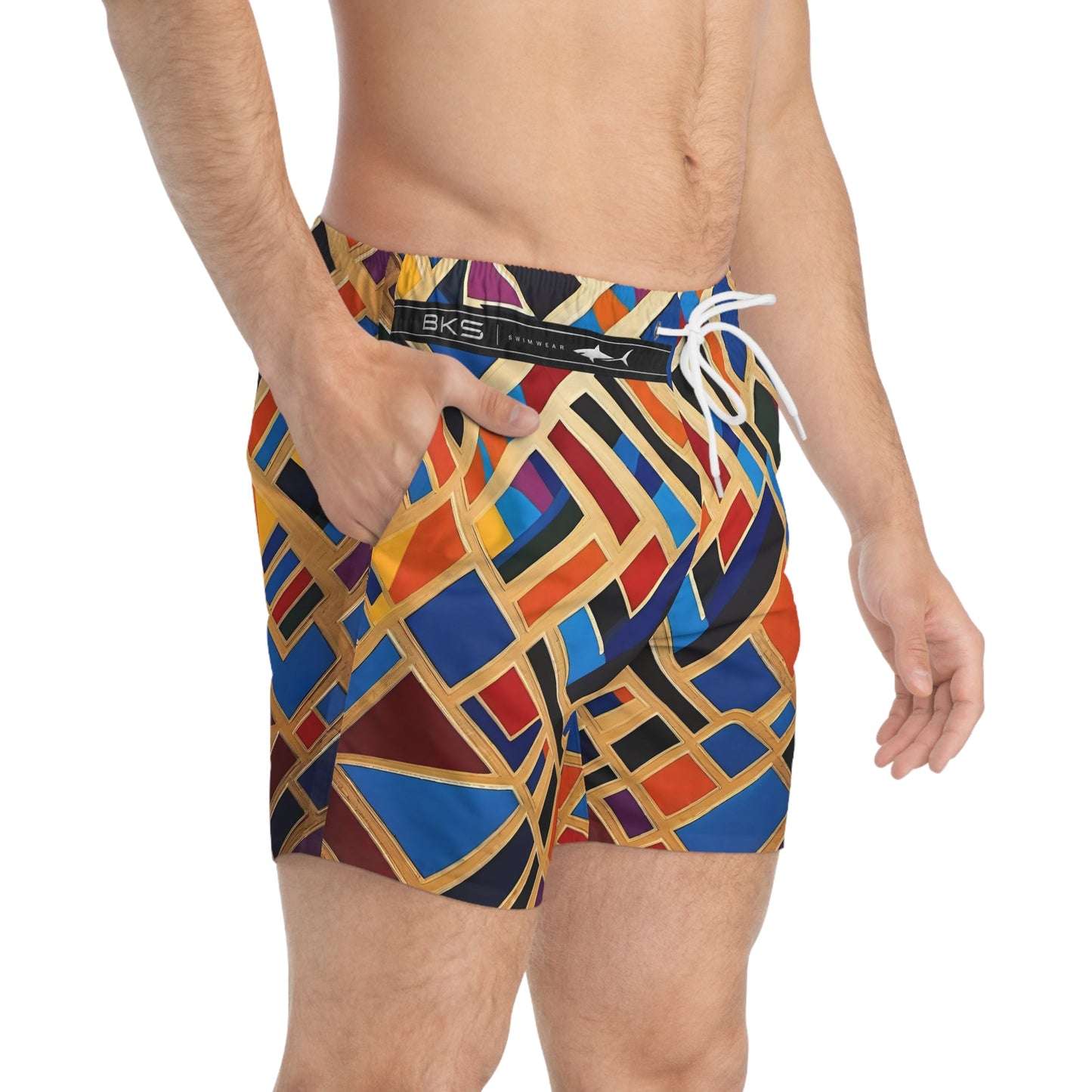 Geometric Mosaic Swim Trunks — Bold Art Deco Pool Shorts Printify bakabo.club