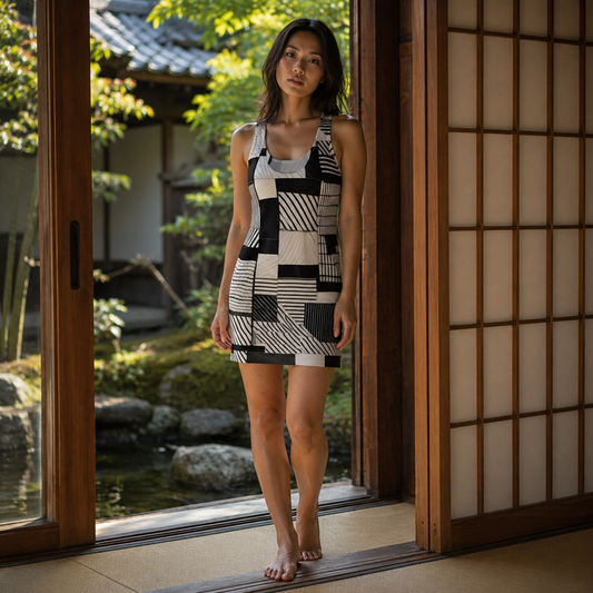 Racerback Dress — Monochrome Geometric Patchwork Print Printify bakabo.club