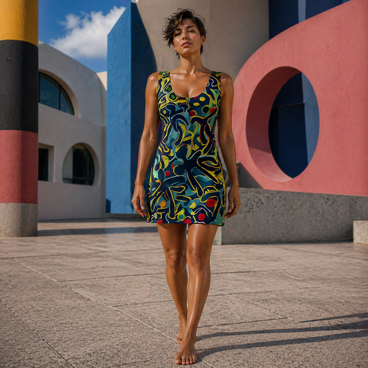 Racerback Dress — Vibrant Abstract Neon Swirl All-Over Print