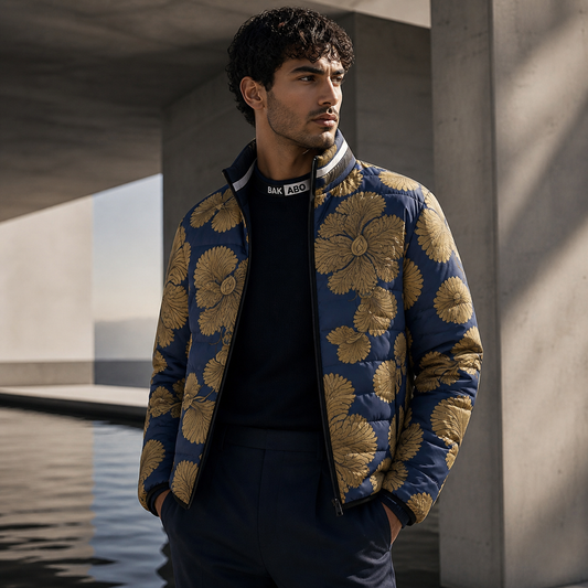 Men's Floral Puffer Jacket — Navy & Gold Botanical Print
