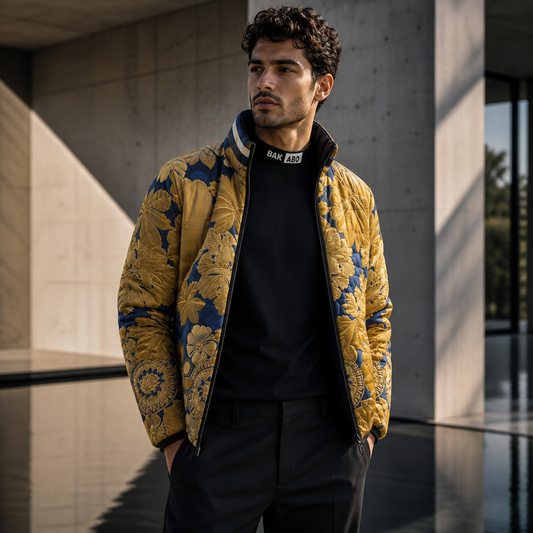 Gold Floral Puffer Jacket — Bold Navy & Metallic Botanical All-Over Print