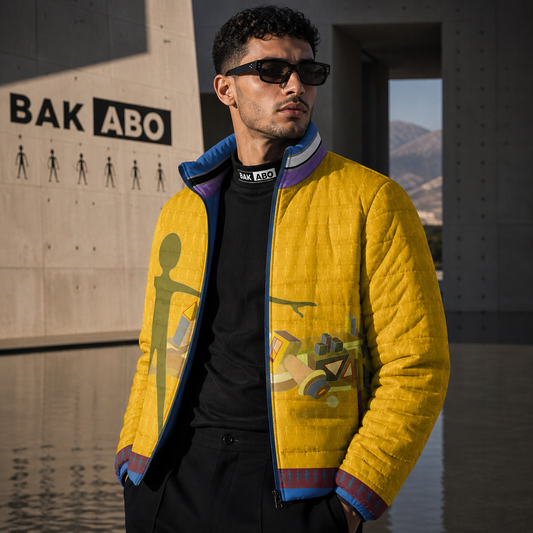 Abstract Art Puffer Jacket — Yellow Figure & Collage All-Over Print
