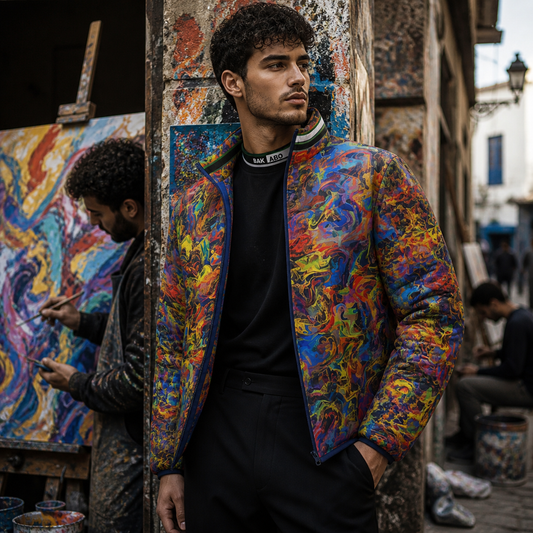 Abstract Color Swirl Puffer Jacket — Men's All-Over-Print
