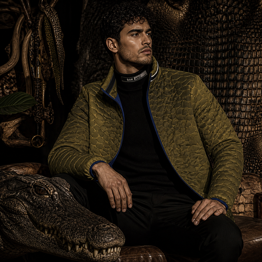 Olive Textured Scale Puffer Jacket — Men's Lightweight Quilted Coat