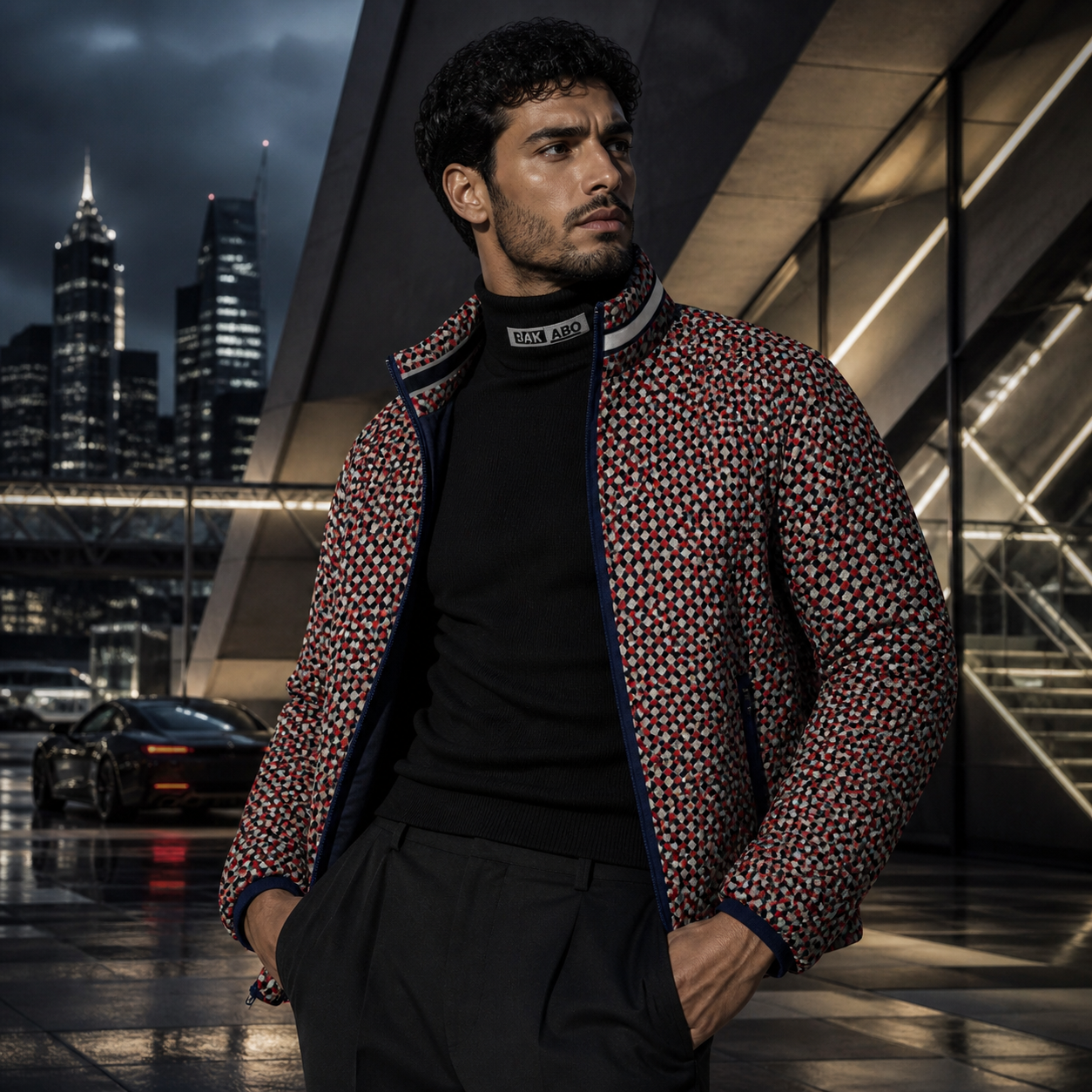 Men's Geometric Pattern Puffer Jacket — Red All-Over Print Printify bakabo.club