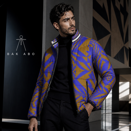 Geometric Tribal Print Puffer Jacket — Bold Blue & Ochre All-Over