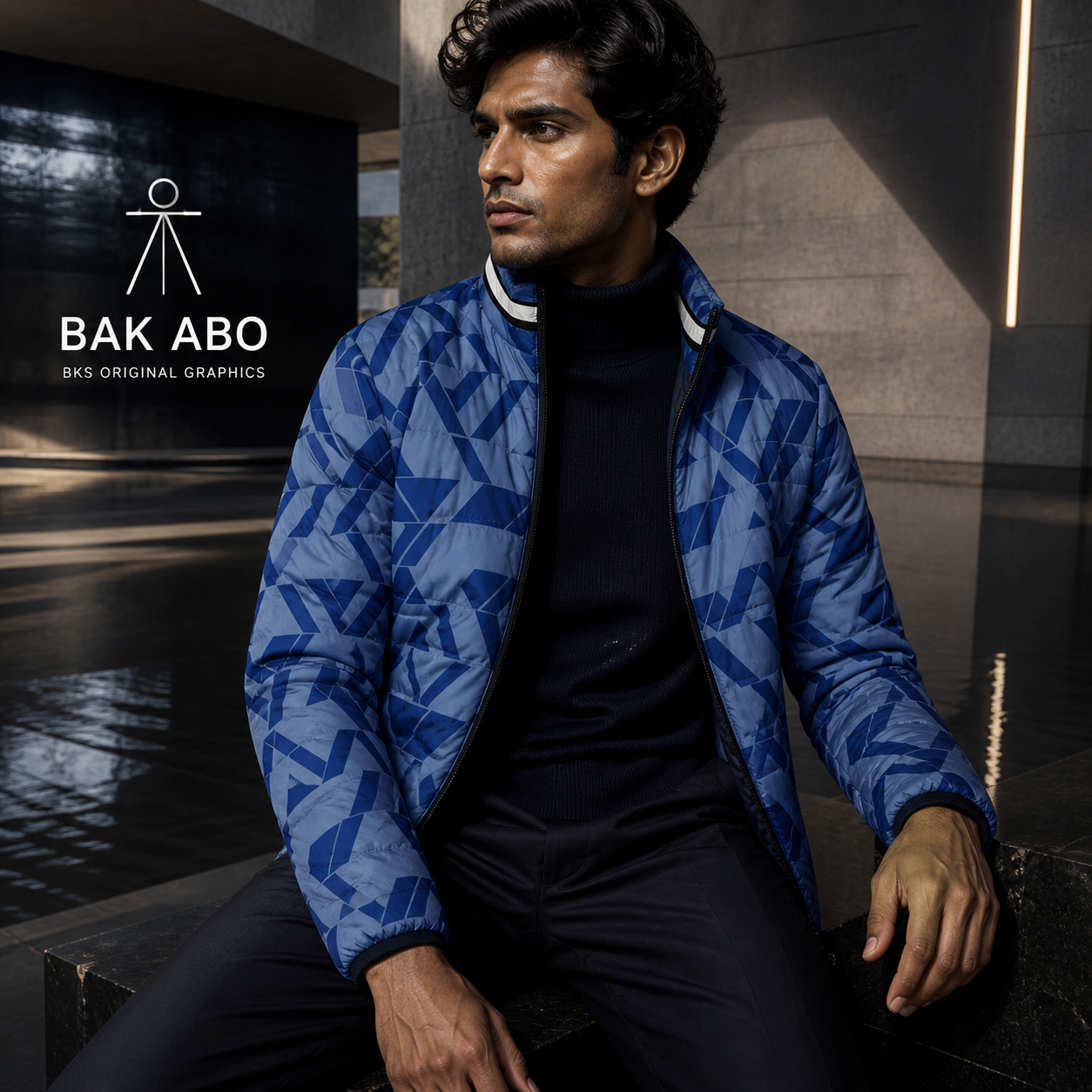 Blue Geometric Pattern Men's Puffer Jacket Printify bakabo.club