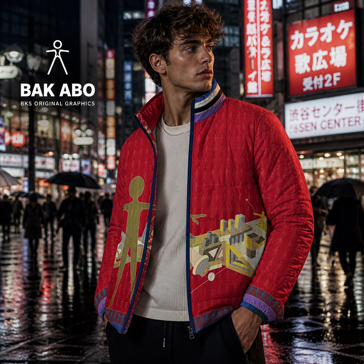 Puffer Jacket — Red Cityscape Graphic with Figure
