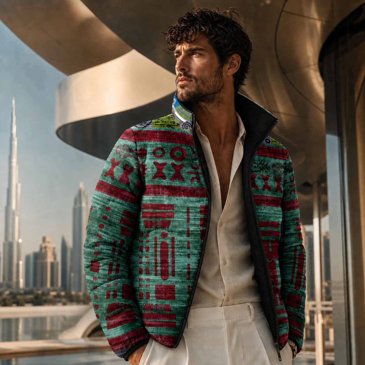 Men's Puffer Jacket — Retro Tech Graphic All-Over Print Printify bakabo.club