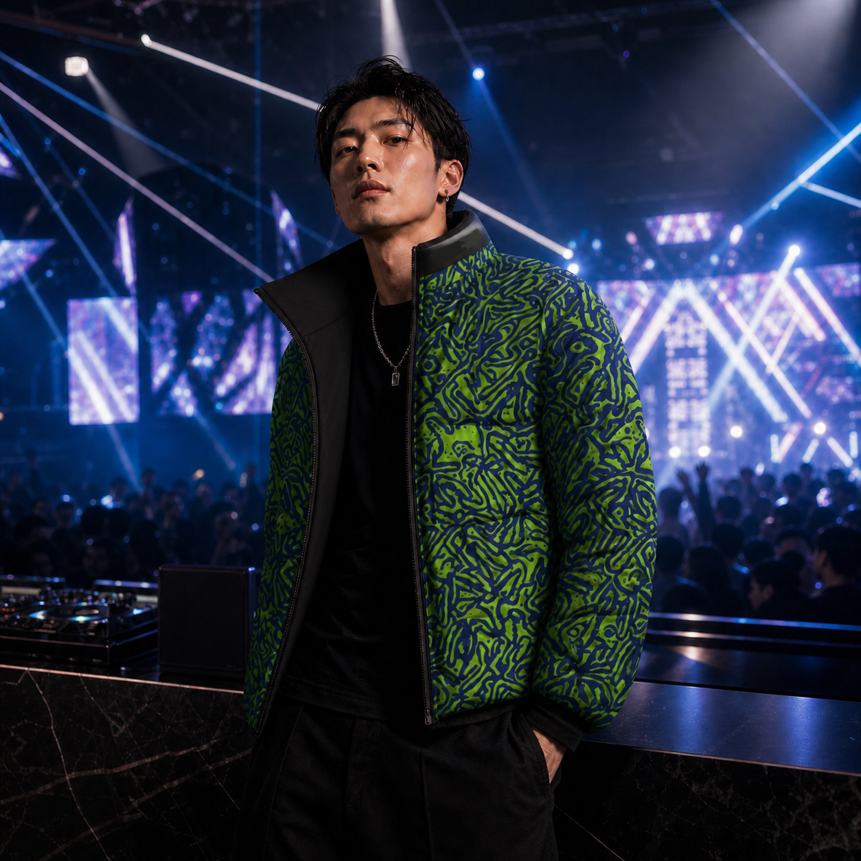 Men's Neon Abstract Puffer Jacket — Green & Navy All-Over Print Printify bakabo.club