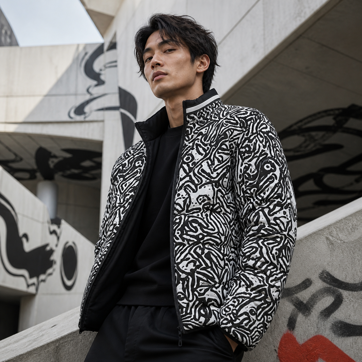 Abstract Monochrome Pattern Puffer Jacket