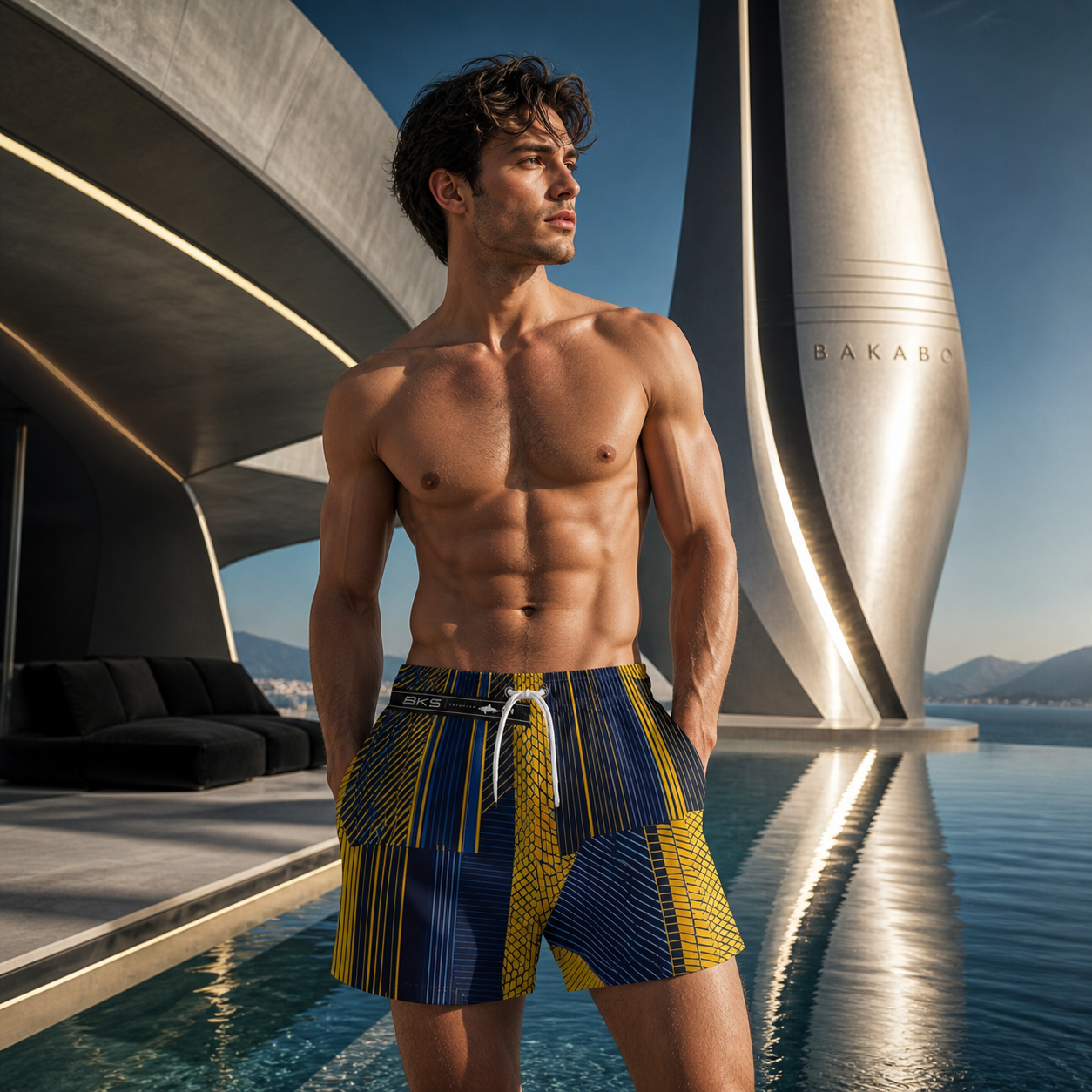 Men's Blue & Gold Geometric Swim Trunks – Striped AOP Beach Shorts