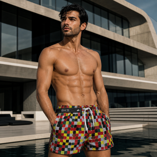 Colorblock Checkered Swim Trunks — Vibrant Patterned Men’s Beach Shorts Printify bakabo.club