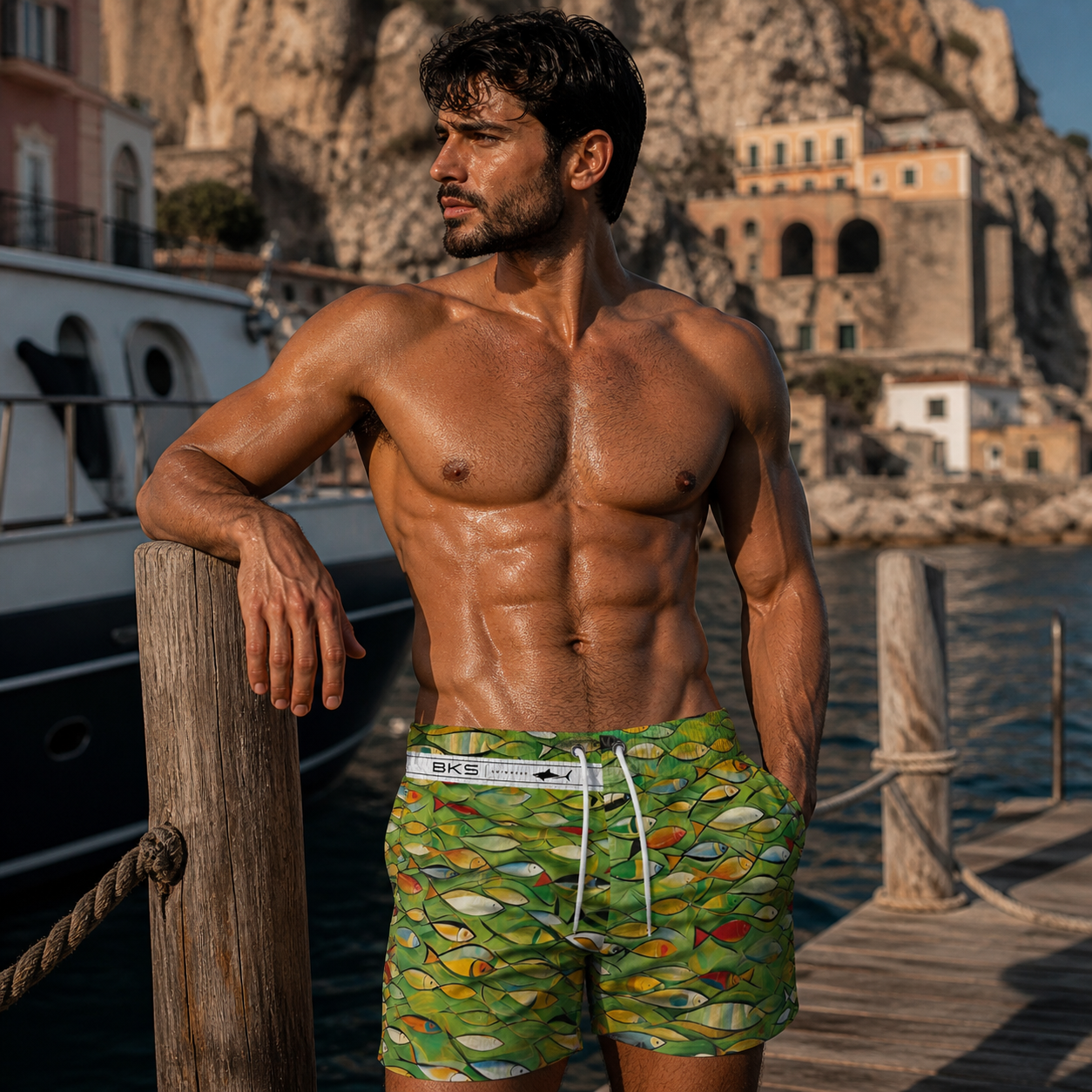 Green School of Fish Swim Trunks — All-Over Print Beach Shorts