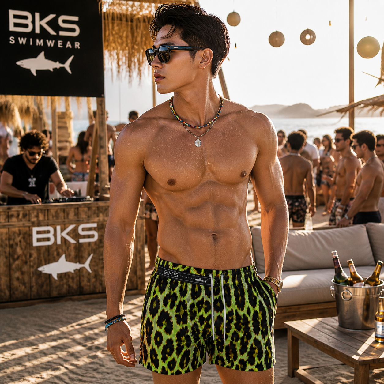 Neon Leopard Swim Trunks — Bold Yellow Animal Print Beach Shorts