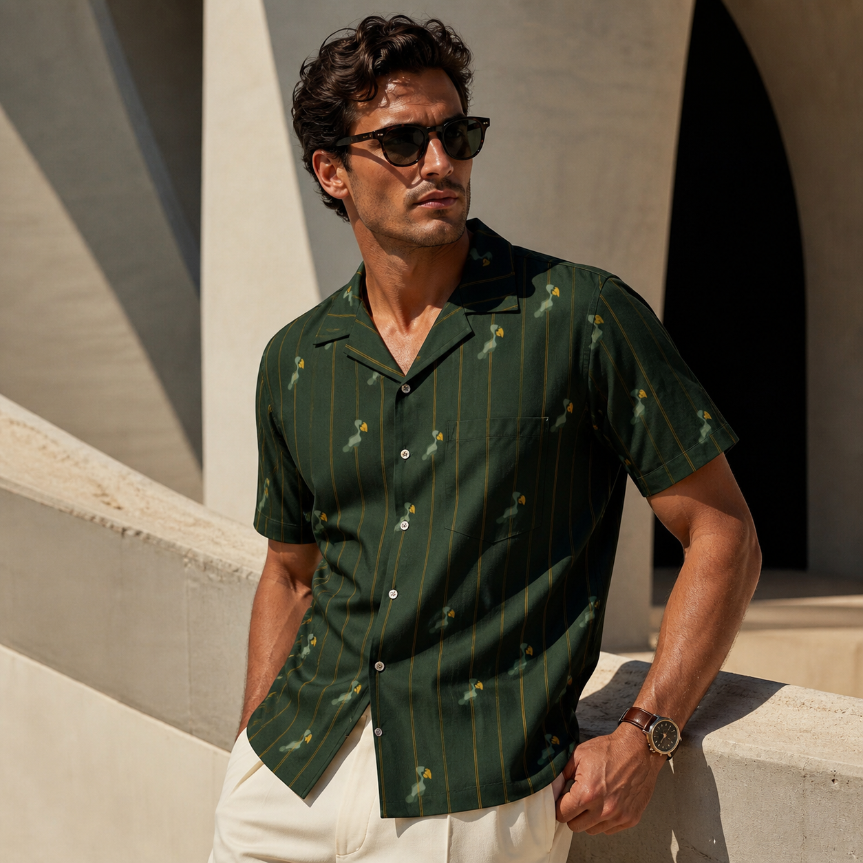 Men's Hawaiian Shirt — Dark Plum Stripe with Small Palm Pattern Printify bakabo.club