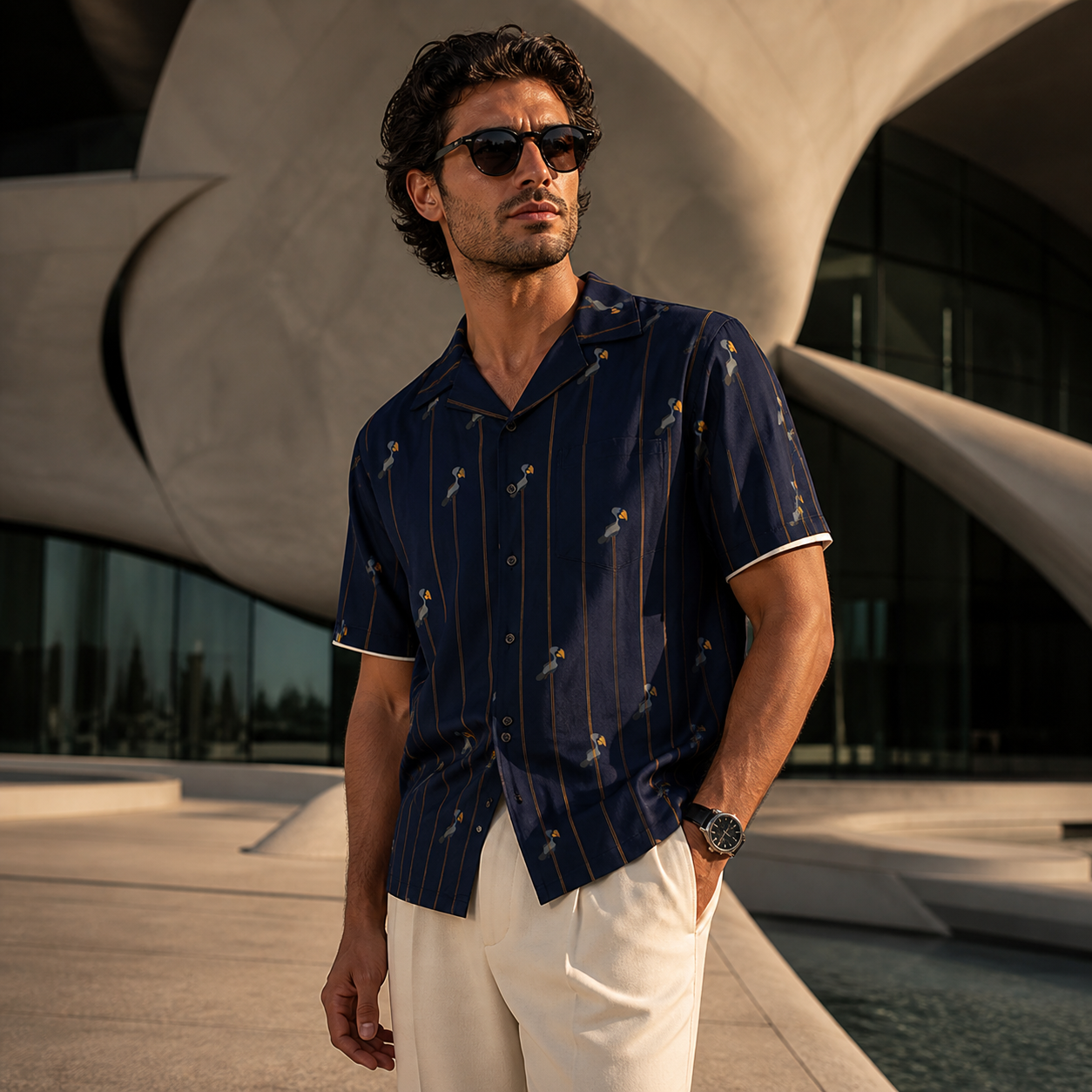 Navy Palm Stripe Hawaiian Shirt — Tropical Retro Aloha Button-Up