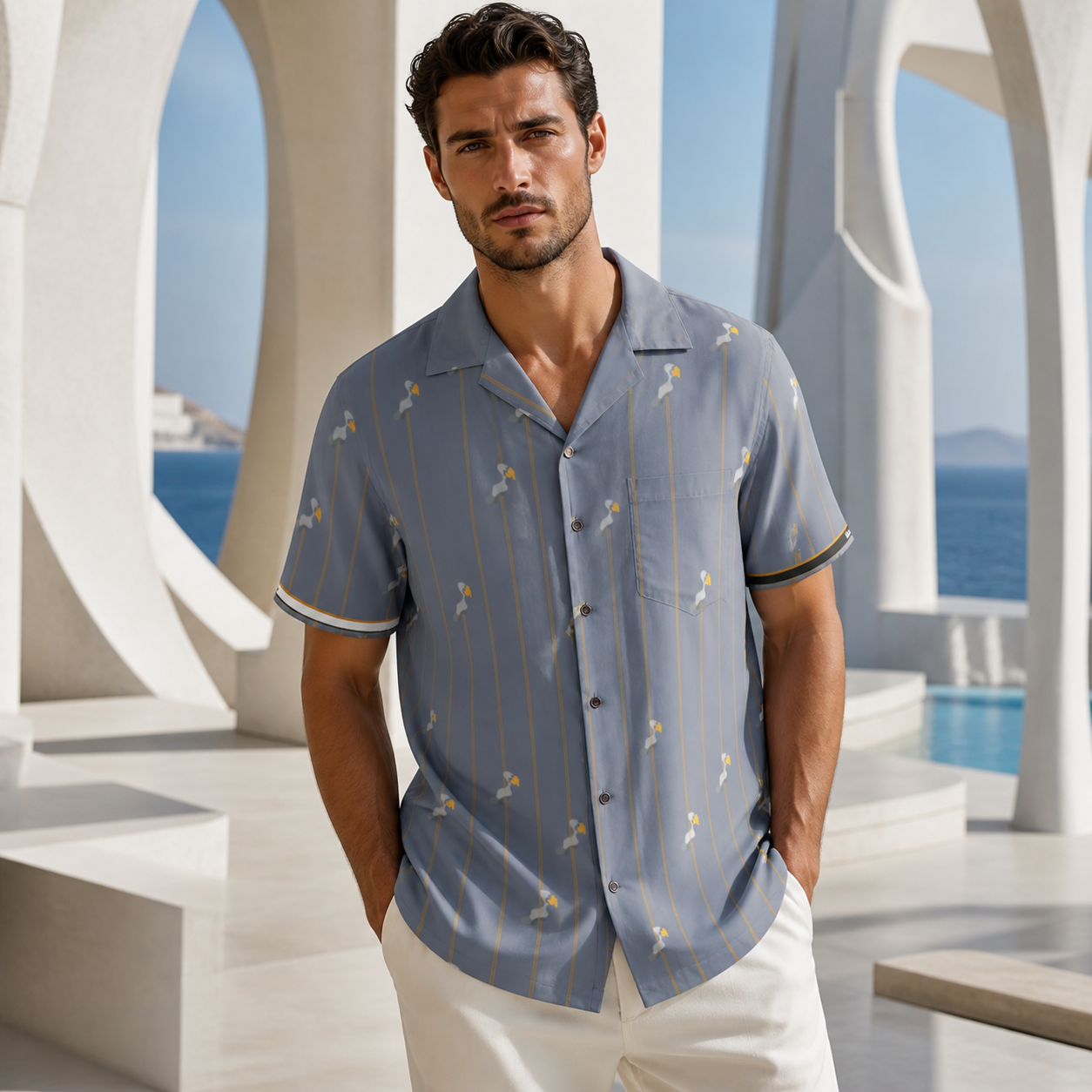 Men's Blue Palm Stripe Hawaiian Shirt — Casual Resort Button-Up Printify bakabo.club