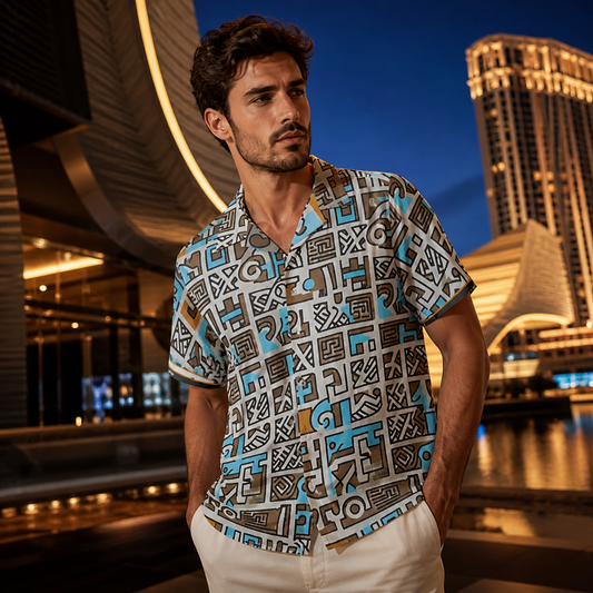 Tribal Geo Print Hawaiian Shirt — Blue & Taupe AOP Printify bakabo.club
