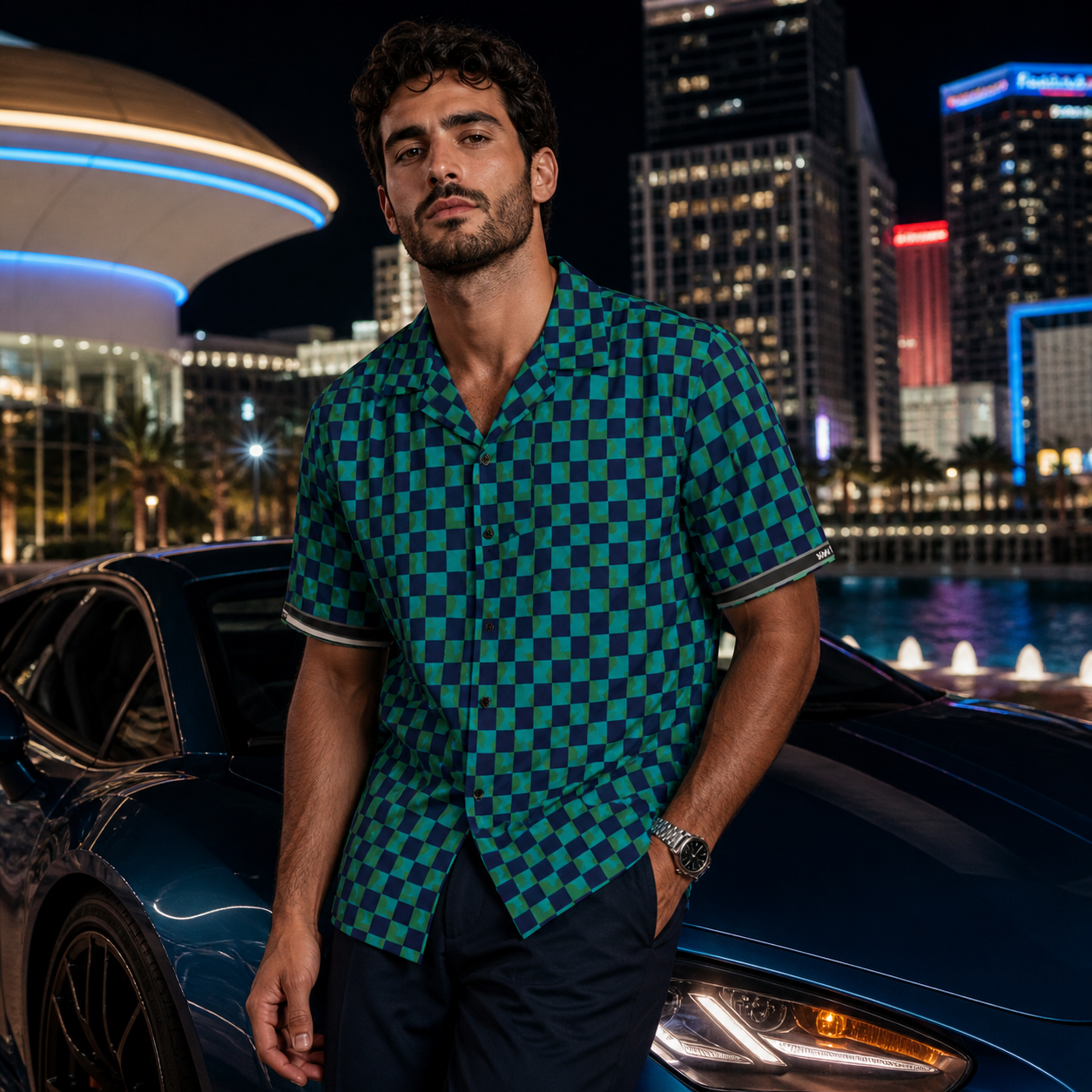 Checkered Hawaiian Shirt — Green & Navy Retro AOP Camp Shirt Printify bakabo.club