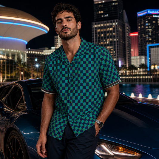Checkered Hawaiian Shirt — Green & Navy Retro AOP Camp Shirt Printify bakabo.club