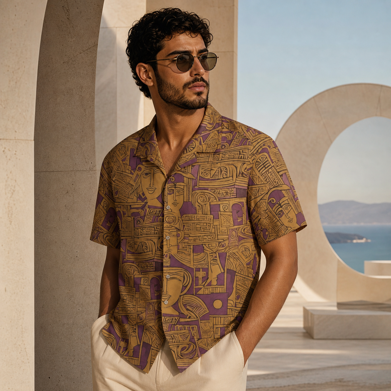 Abstract Retro Faces Hawaiian Shirt — Vintage Geometric AOP Men's Camp Shirt Printify bakabo.club