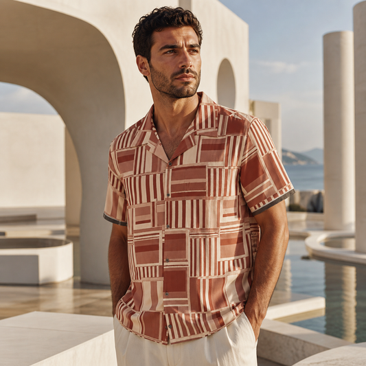 Retro Geometric Hawaiian Shirt — Brown Block Pattern AOP Printify bakabo.club