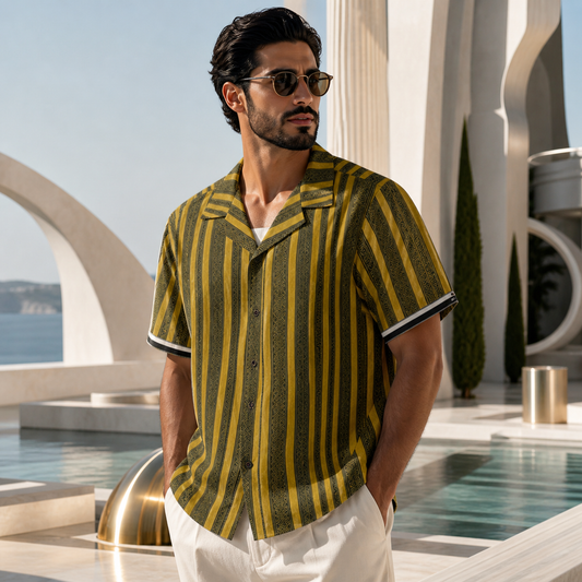 Men's Striped Hawaiian Shirt — Retro Olive & Gold AOP Camp Collar Printify bakabo.club