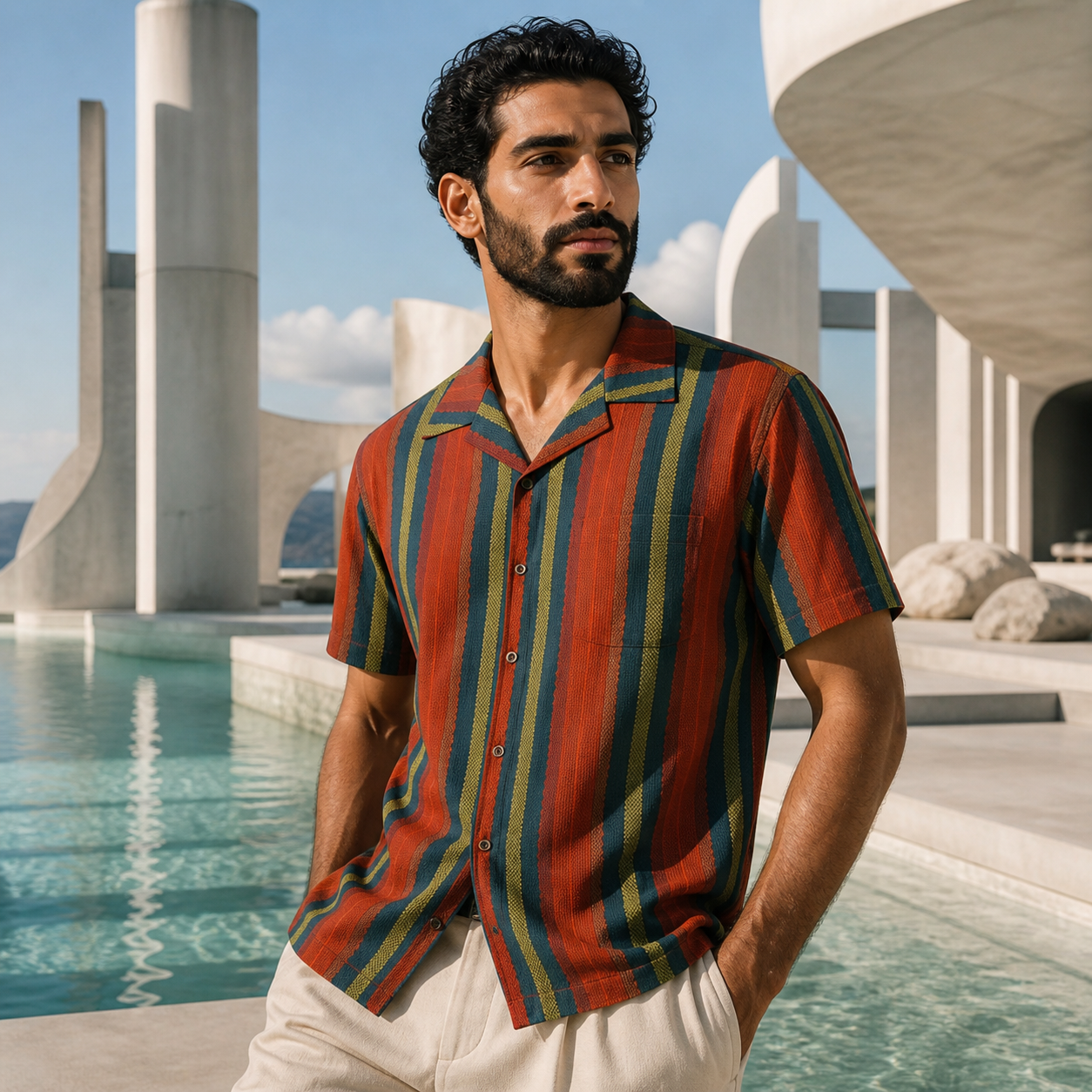Men's Retro Stripe Hawaiian Shirt — Red Teal Camp-Collar Aloha Printify bakabo.club