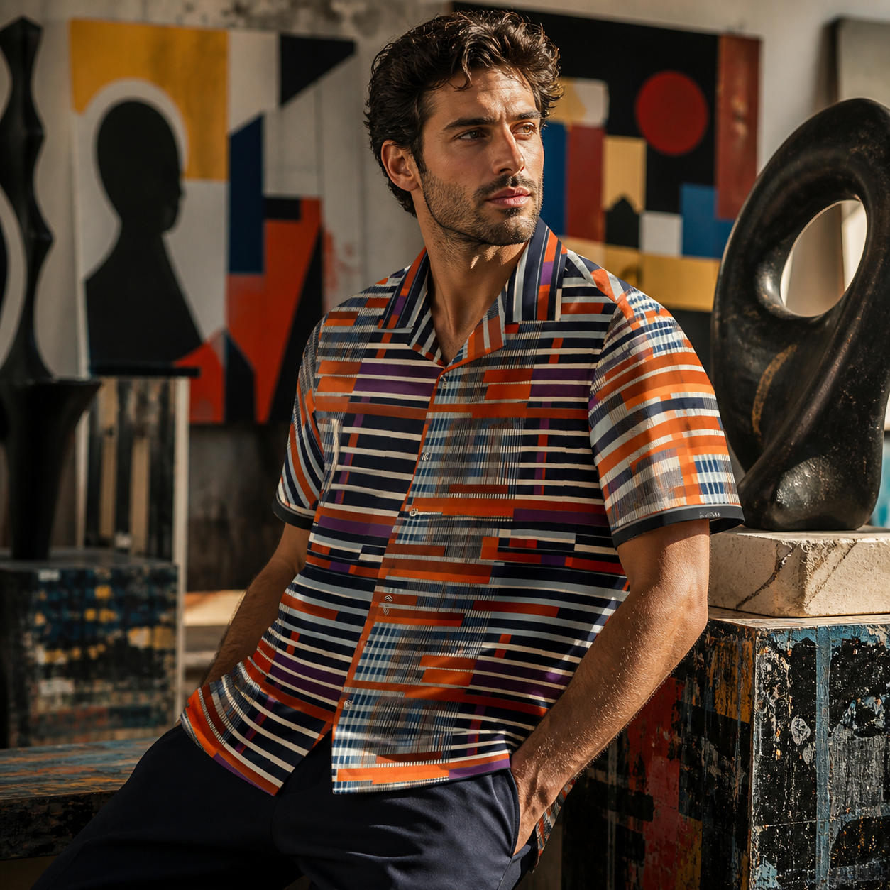 Men's Retro Geometric Hawaiian Shirt — Orange Navy Striped Camp Shirt Printify bakabo.club