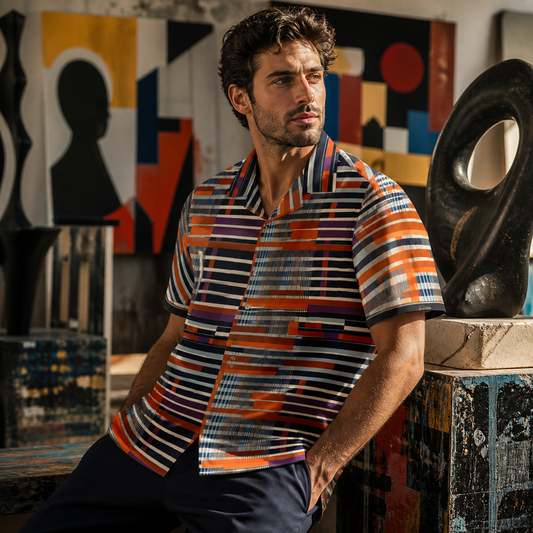 Men's Retro Geometric Hawaiian Shirt — Orange Navy Striped Camp Shirt Printify bakabo.club