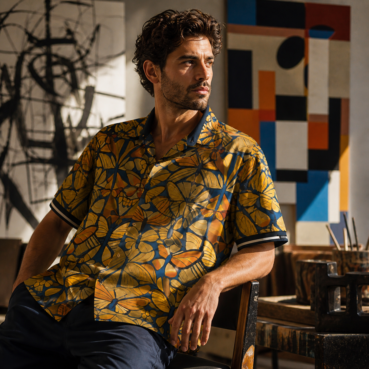 Butterfly Breeze Hawaiian Shirt — Golden Monarch Floral Camp Shirt Printify bakabo.club