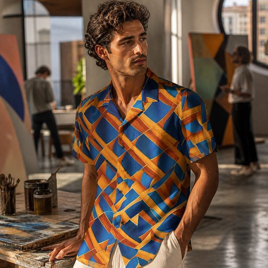 Men's Geometric Blue & Orange Hawaiian Shirt — Tropical Abstract AOP Printify bakabo.club