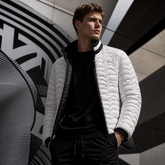 Men's Quilted Wave Puffer Jacket — Lightweight White Cloud Pattern Printify bakabo.club