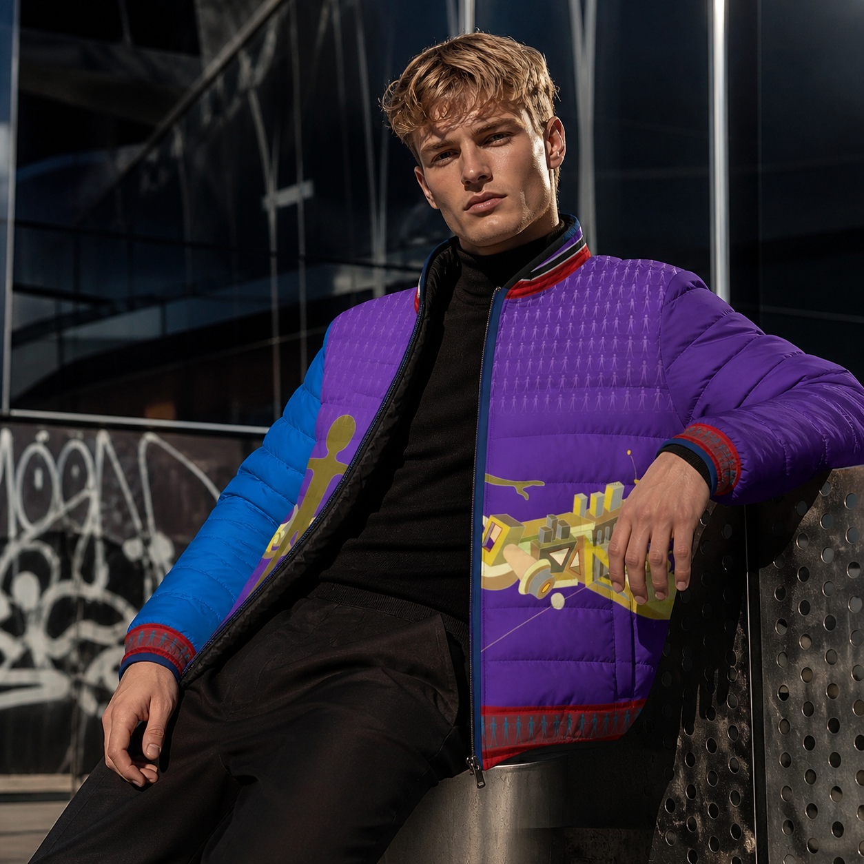 Abstract Cityscape Puffer Jacket — Men's Artistic Urban Winter Coat Printify bakabo.club