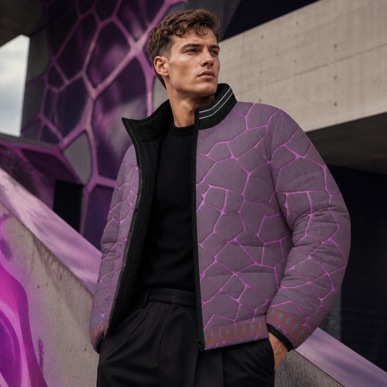 Purple Cracked Stone Puffer Jacket — Textured All-Over Print Men’s Outerwear Printify bakabo.club