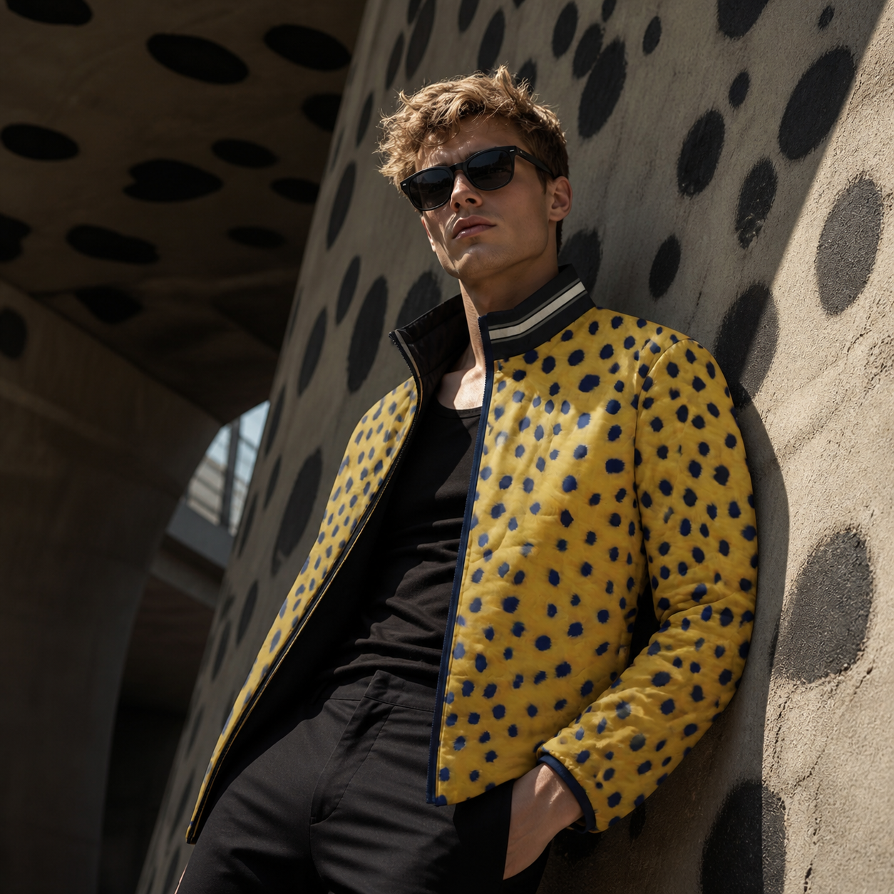 Men's Yellow Leopard Print Puffer Jacket – Bold Blue Spot AOP Outerwear Printify bakabo.club
