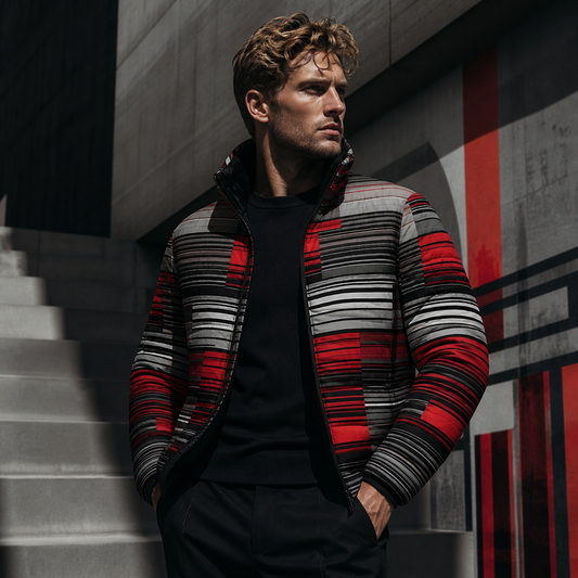 Men's Geometric Striped Puffer Jacket — Red & Gray Modern Block Print Printify bakabo.club