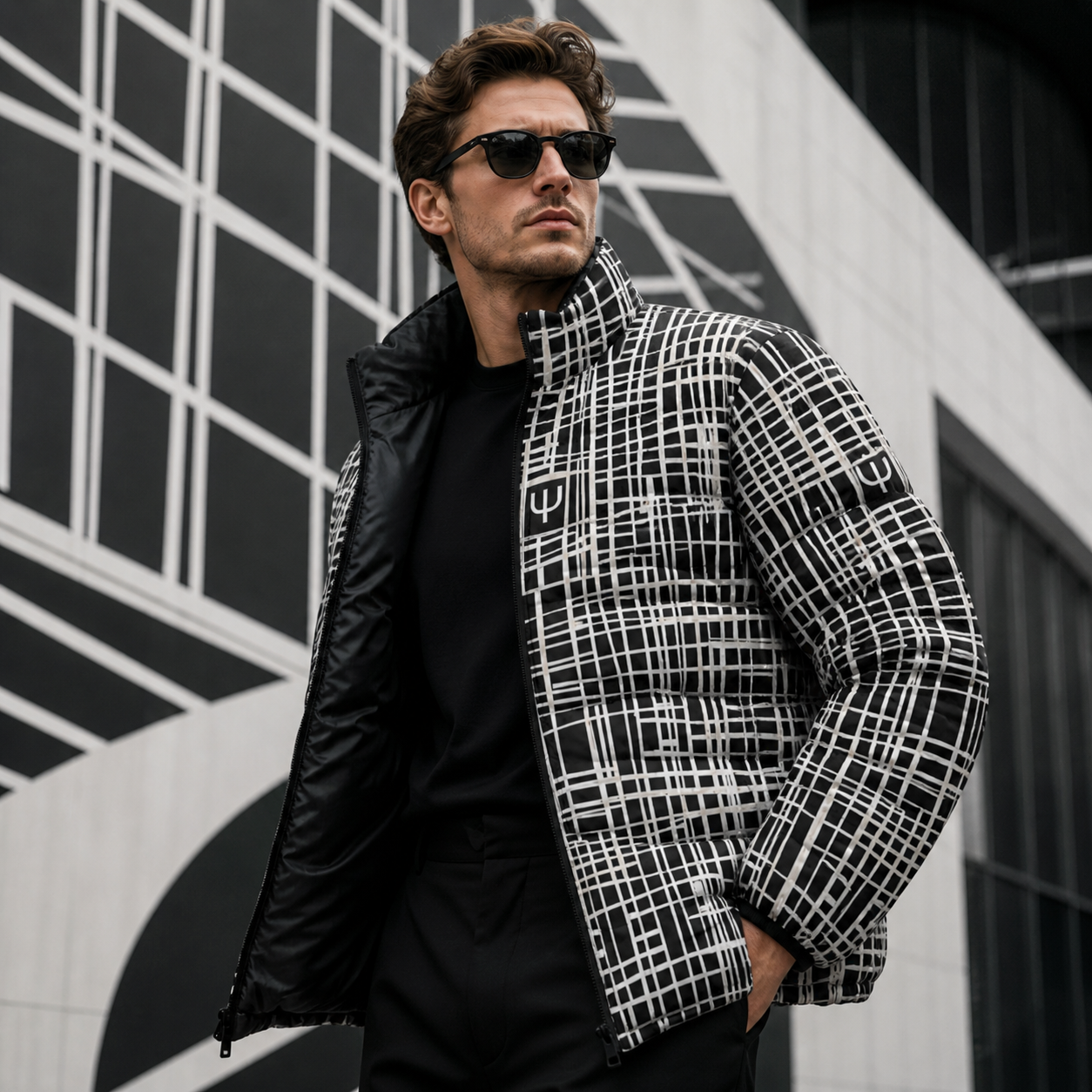 Men's Black & White Grid Puffer Jacket — Geometric All-Over Print Printify bakabo.club