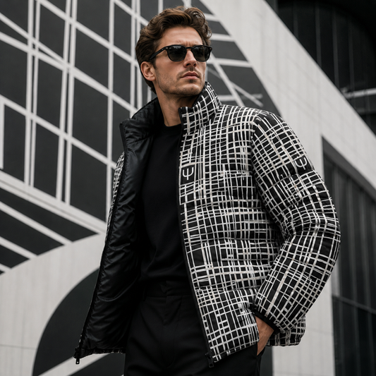 Men's Black & White Grid Puffer Jacket — Geometric All-Over Print Printify bakabo.club