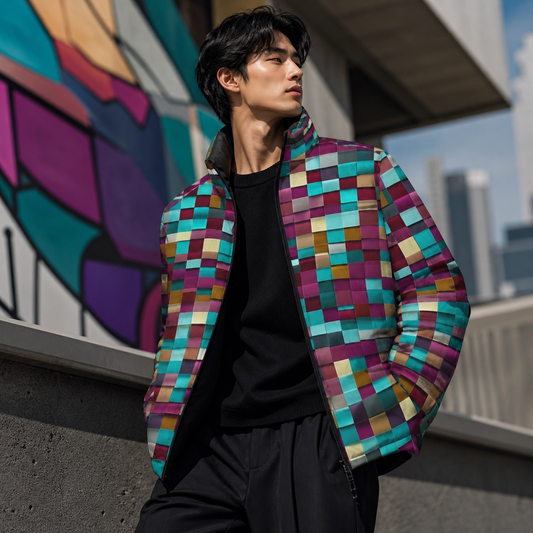 Colorblock Mosaic Puffer Jacket — Men's Quilted Geometric Outerwear