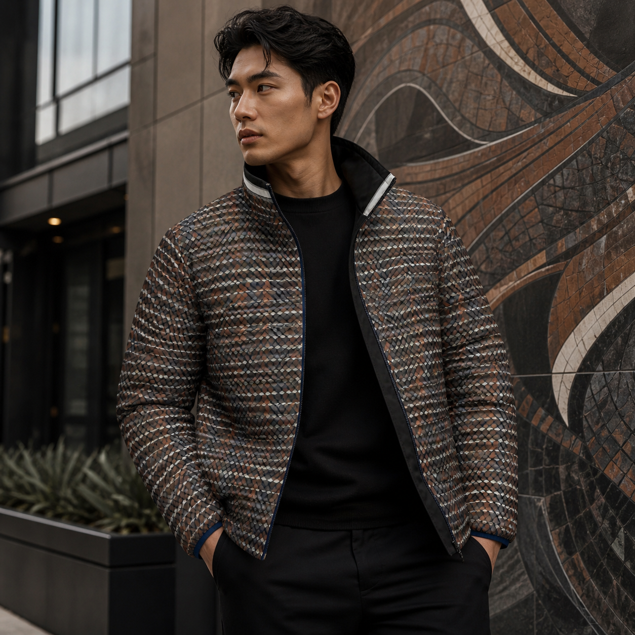Puffer Jacket — Textured Brown Plaid All-Over Print