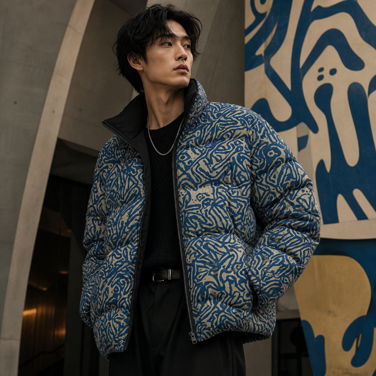 Abstract Navy Coral Puffer Jacket