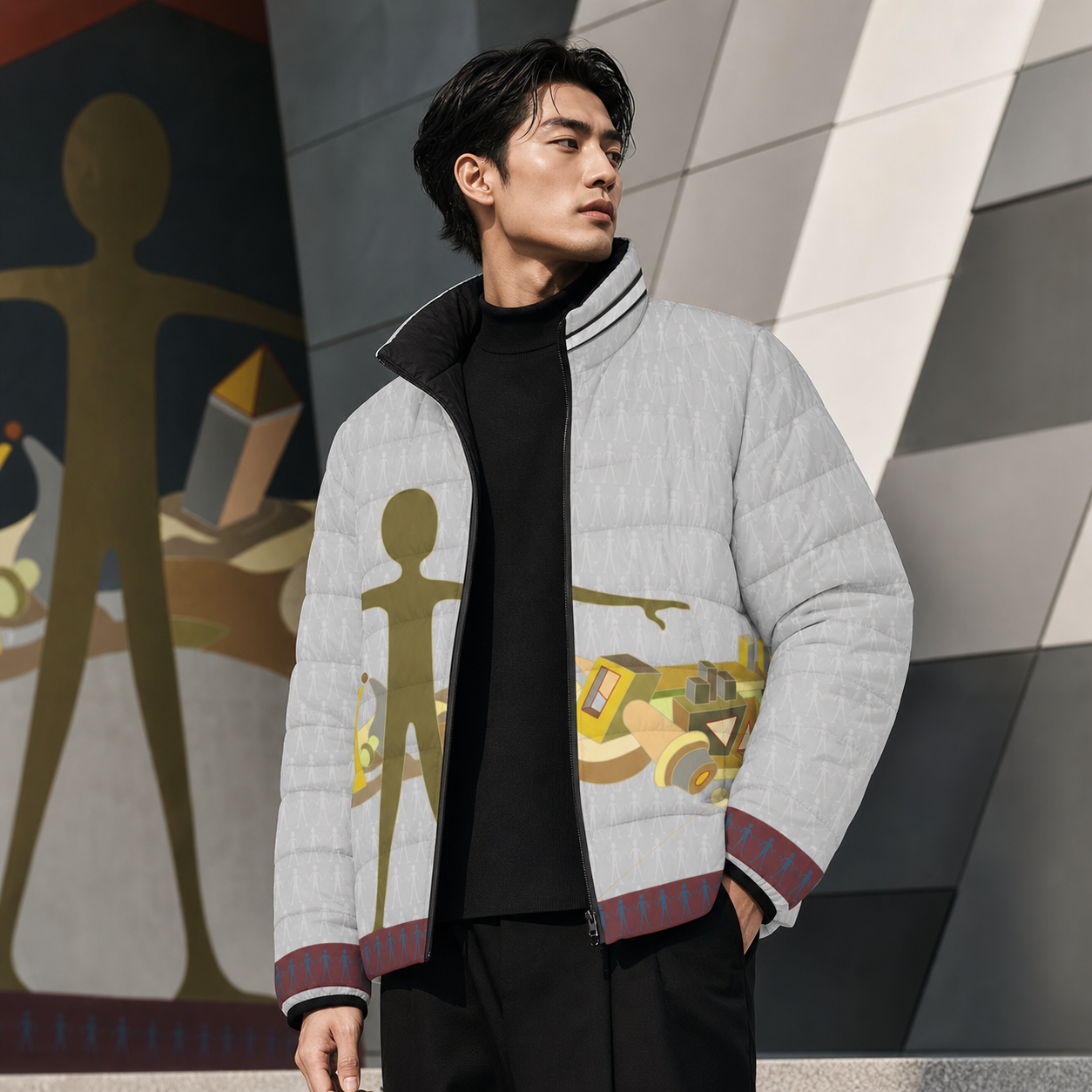 Puffer Jacket — Abstract Figure & Urban Collage All-Over Print